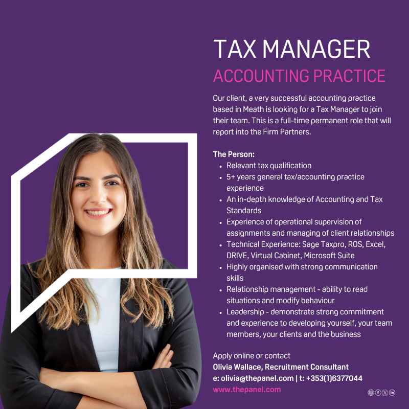 The Panel - Creating Exceptional Futures (@thepaneldublin) on Twitter photo Tax Manager (thepanel.com/job/50616/acco…) role is currently available with our client, a very successful accounting practice based in Co. Meath.
For more information, contact Olivia at olivia@thepanel.com
#jobfairy #taxmanager #taxation #accounting #Meath #taxadvisor Tax Manager (thepanel.com/job/50616/acco…) role is currently available with our client, a very successful accounting practice based in Co. Meath.
For more information, contact Olivia at olivia@thepanel.com
#jobfairy #taxmanager #taxation #accounting #Meath #taxadvisor