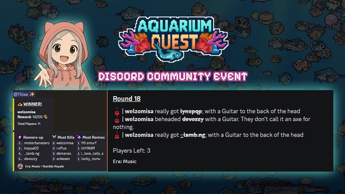 Thia ⚡ (@thiaasr) on Twitter photo finally, after a few royal-rumble matches at <a href="/aquarium_quest/">Aquarium Quest</a>, i won and got a WL as the prize. Took down 3 players at once at the end, it was kinda epic xD
the community is super active, with everyone racing to level up (probably for the rewards). general chat is never dead. finally, after a few royal-rumble matches at <a href="/aquarium_quest/">Aquarium Quest</a>, i won and got a WL as the prize. Took down 3 players at once at the end, it was kinda epic xD
the community is super active, with everyone racing to level up (probably for the rewards). general chat is never dead.