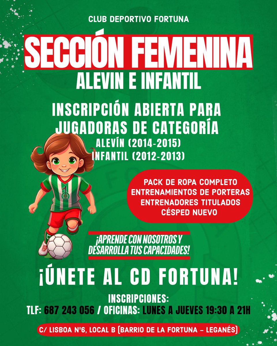 ¡NUEVA SECCIÓN FEMENINA!

Inscripciones abiertas para la sección de fútbol femenino en las categorías alevín e infantil.

¡Únete al CD Fortuna!

#VamosFortuna