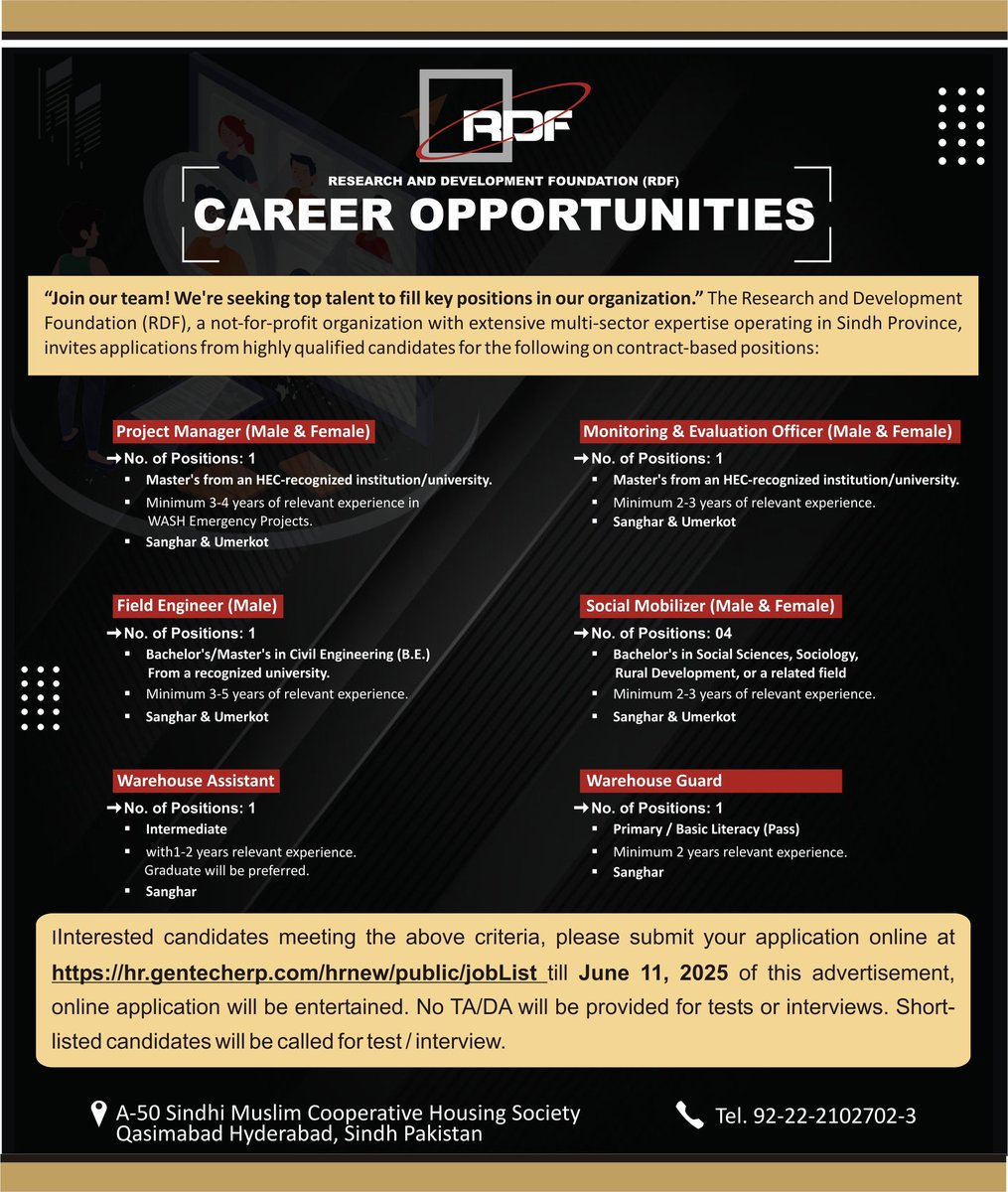 RDF is seeking passionate and qualified individuals to fill multiple contract-based positions .The positions are based in the districts of Sanghar and Umerkot and are listed in the advertisement.
Apply online by June 11, 2025, at: hr.gentecherp.com/hrnew/public/j…
#rdfpakistan #Growth