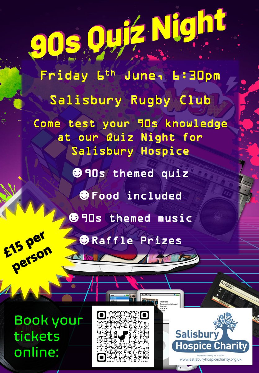 ⚠️ Last Call for Tickets! ⚠️
Join Community Fundraisers on Friday 6th June, 6:30pm at Salisbury Rugby Club for a night of 90s trivia, tunes, food &amp; fun – all in support of Salisbury Hospice! 🎶🎉
Book now 👉 ow.ly/92Tg50W3WlZ
#90sQuizNight #SalisburyHospice