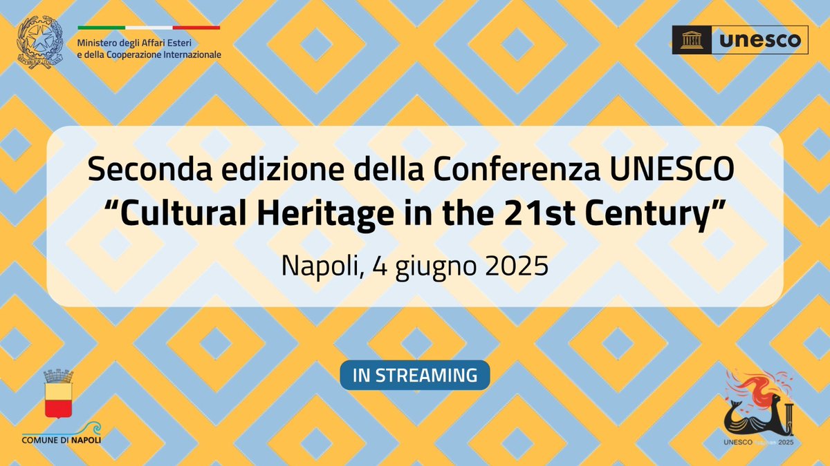 Farnesina 🇮🇹 (@italymfa) on Twitter photo Il Min. <a href="/Antonio_Tajani/">Antonio Tajani</a>, la DG UNESCO <a href="/AAzoulay/">Audrey Azoulay</a>, il Min. della Cultura <a href="/AlessGiuli/">Alessandro Giuli</a> e il Sindaco di Napoli <a href="/GaeManfredi/">Gaetano Manfredi</a> aprono la seconda edizione della Conferenza #UNESCO “Cultural Heritage in the 21st Century”.
📽️Guarda la diretta👇
youtube.com/live/pz0e18uYI… Il Min. <a href="/Antonio_Tajani/">Antonio Tajani</a>, la DG UNESCO <a href="/AAzoulay/">Audrey Azoulay</a>, il Min. della Cultura <a href="/AlessGiuli/">Alessandro Giuli</a> e il Sindaco di Napoli <a href="/GaeManfredi/">Gaetano Manfredi</a> aprono la seconda edizione della Conferenza #UNESCO “Cultural Heritage in the 21st Century”.
📽️Guarda la diretta👇
youtube.com/live/pz0e18uYI…