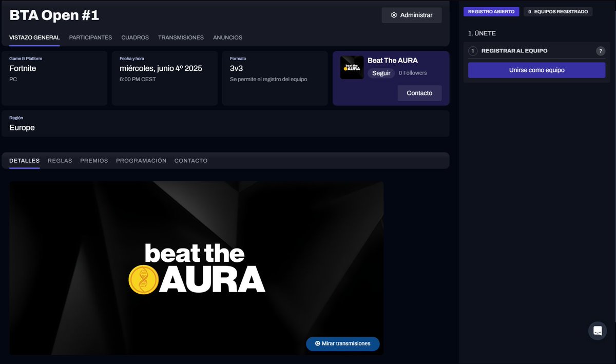 Clasificatorio #1 🏆 para la GRAN FINAL del 6 de Junio 100€ BeatTheAURA 3v3 ya disponible.

Hoy a las 18:00 con looser bracket, es decir pierdes y tienes una última oportunidad.

El top 2 clasifica 100%, el 3 y 4 tendrán posibilidades.
El mejor clip se lleva 5€ 💵

Requisitos