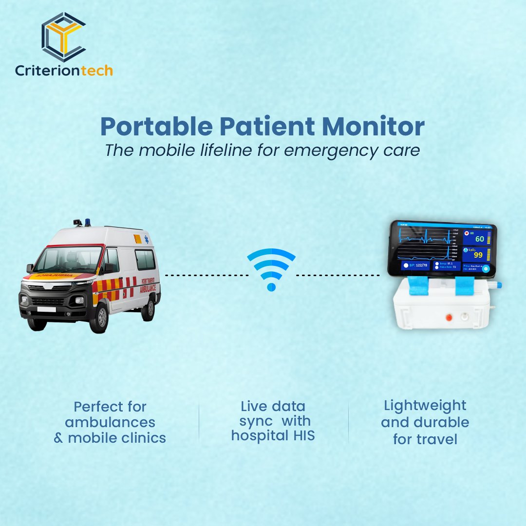 Wherever you go, care follows. Our Portable Patient Monitor powers in-transit health monitoring.
.
Learn more: criteriontechnologies.com/portable-patie…
.
#PortableHealthcare #RemoteMonitoring #PatientCareOnTheGo #MobileHealthTech #MedicalDevices #SmartMonitoring #DigitalHealth #CriterionTech