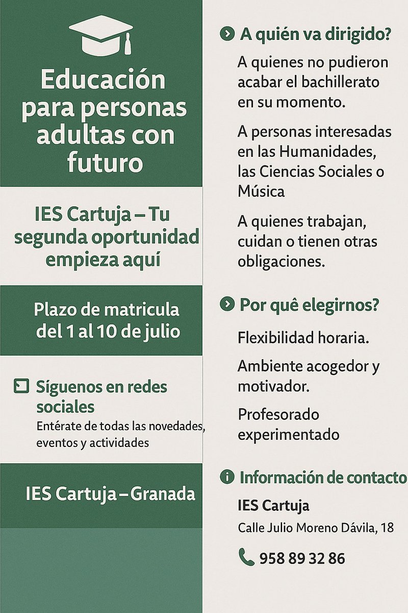 Os  presentamos nuestro bachillerato para personas adultas. Este año nuevo  curso 25-26 es en la modalidad semipresencial. Solo 12 horas  presenciales, flexibilidad, profesorado experimentado. 
Plazo de admisión del 1 al 16 de junio.
Plazo de matriculación del 1 al 10 de julio.