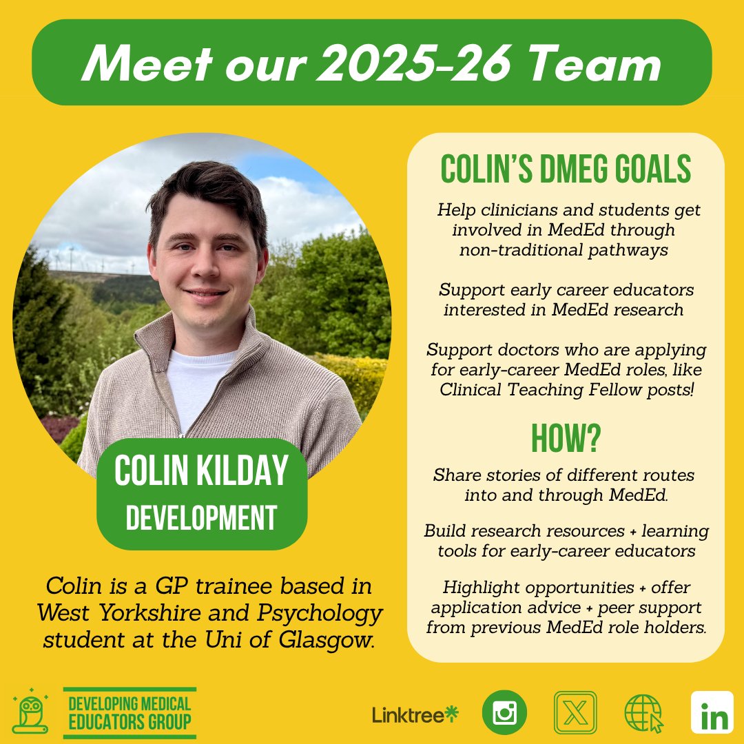 Developing Medical Educators Group (DMEG) (@devmeded) on Twitter photo ANOTHERπ FROM OUR 2025β26 TEAM!
This week:
π· COLIN - Development Lead!
He's filling a new role in our team, bringing together <a href="/DevMedEd/">Developing Medical Educators Group (DMEG)</a> activities, coordinating how best to support you developing as an educator!
#ClinEd #HCSEd #VetEd #DentalEd #MeetTheTeam #MedEdLeader ANOTHERπ FROM OUR 2025β26 TEAM!
This week:
π· COLIN - Development Lead!
He's filling a new role in our team, bringing together <a href="/DevMedEd/">Developing Medical Educators Group (DMEG)</a> activities, coordinating how best to support you developing as an educator!
#ClinEd #HCSEd #VetEd #DentalEd #MeetTheTeam #MedEdLeader