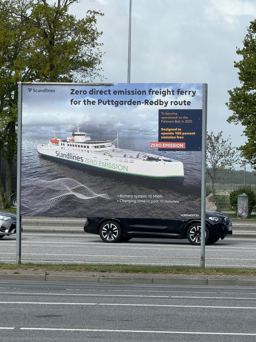 Astro_Fabi's tweet photo. My taxi has a 10000 kWh battery and charges in 17 min. How about yours? 🛳️🔋😉

At least once per month I take the same (diesel) ferry when commuting between Denmark and Germany. 🇩🇰🇩🇪

But today I discovered this sign! ⬇️👀

Meet the M/V Futura 🛳️🔋🗿

A new ~150 m long plug-in hybrid ferry, entering service this year.

While it is still a hybrid system, it’s expected to run fully electric for most of its journeys, because of its 10 MWh battery & 17 min (!) charging time.

Hoooly macaroni!

If those number are right, that means
⚡️35 MW average charging power?⚡️

I know one thing for sure:
 Next time I will go on a side quest to find the chargers for that thing!! Apparently they are already installed!

#alwaysbecharging