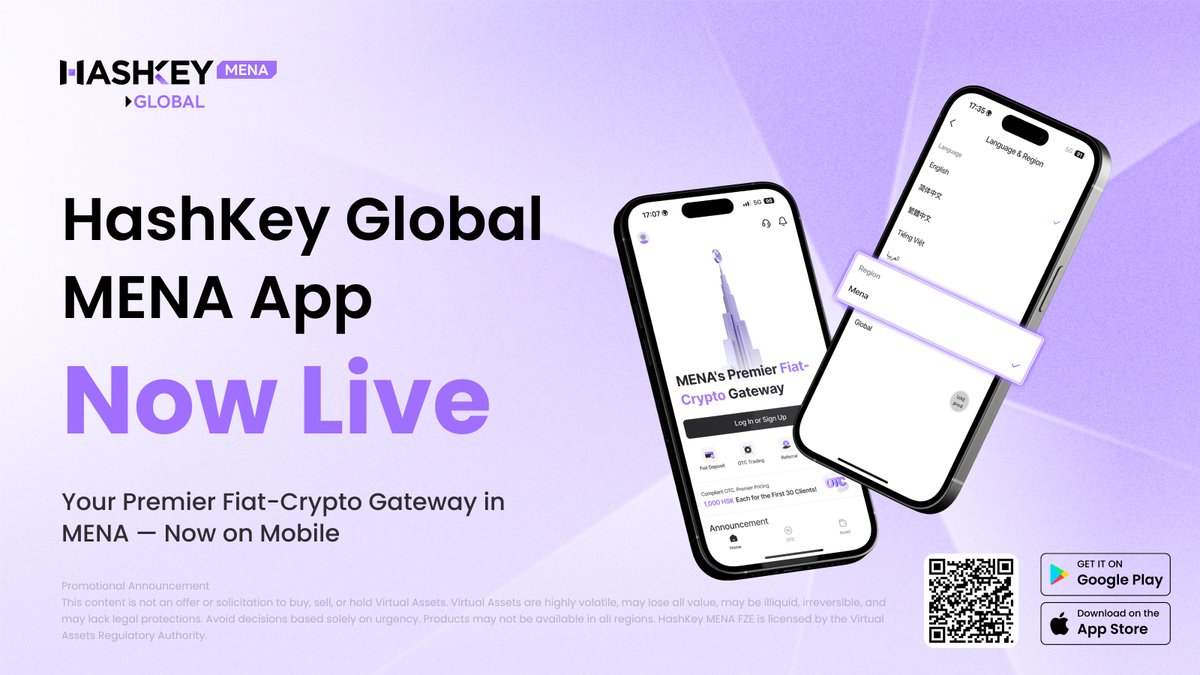 🎉 HashKey Global MENA App is Live!  Trade fiat ↔ crypto anytime, anywhere — now in your pocket. 
Your premier gateway in MENA, now on iOS &amp; Android.  

🎁 First 30 OTC clients get 1,000 $HSK!  

👉 Download now global.hashkey.com/download?chann… 

⚠️ In “Language &amp; Regions”, select MENA