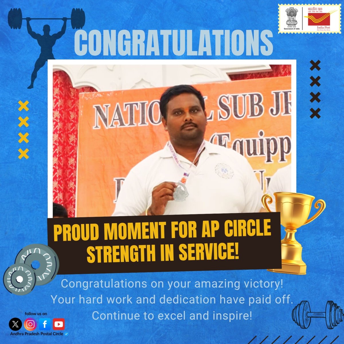 appostalcircle's tweet photo. 👏 Heartiest congratulations to Sri Ch. Mahesh, #Postman, #Vijayawada GPO, for winning the #Silver #Medal 🥈 at the #National #Powerlifting #Championship 2025 held in #NewDelhi! 💪
A proud moment for @IndiaPostOffice #APPostalCircle
#Powerlifting #PostalPride #ChampionPostman https://t.co/rMhnTtJvsl