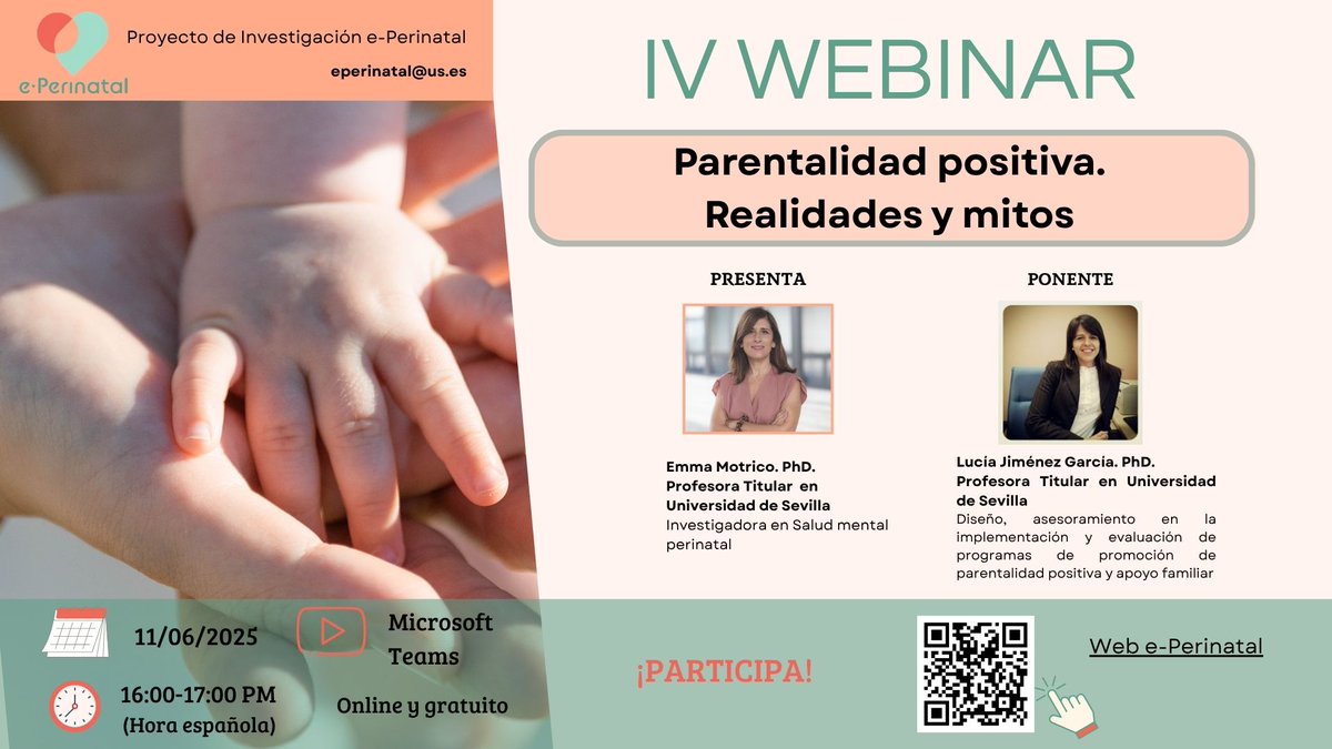 🌟 ¡Llega nuestro cuarto seminario!
Este 11 de junio (16h, España) te invitamos a “Parentalidad positiva. Realidades y mitos”, con la Dra. Lucía Jiménez 💬✨
💻 Online vía Teams
📝 Inscripción aquí: forms.gle/W3y8dF7YpcWo4m…
#ePerinatal #ParentalidadPositiva #SaludFamiliar