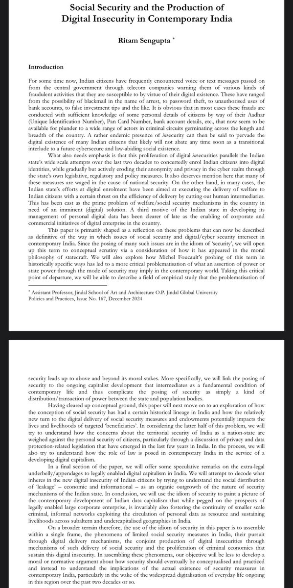 Wrote smth on why digital frauds are endemic to our lives as a way of understanding the intersection of digital capitalism, law/regulation, and new ways of doing social security in India 

mcrg.ac.in/PP167.pdf

#digitalfraud #digitalindia #digitalcapitalism #contemporaryindia