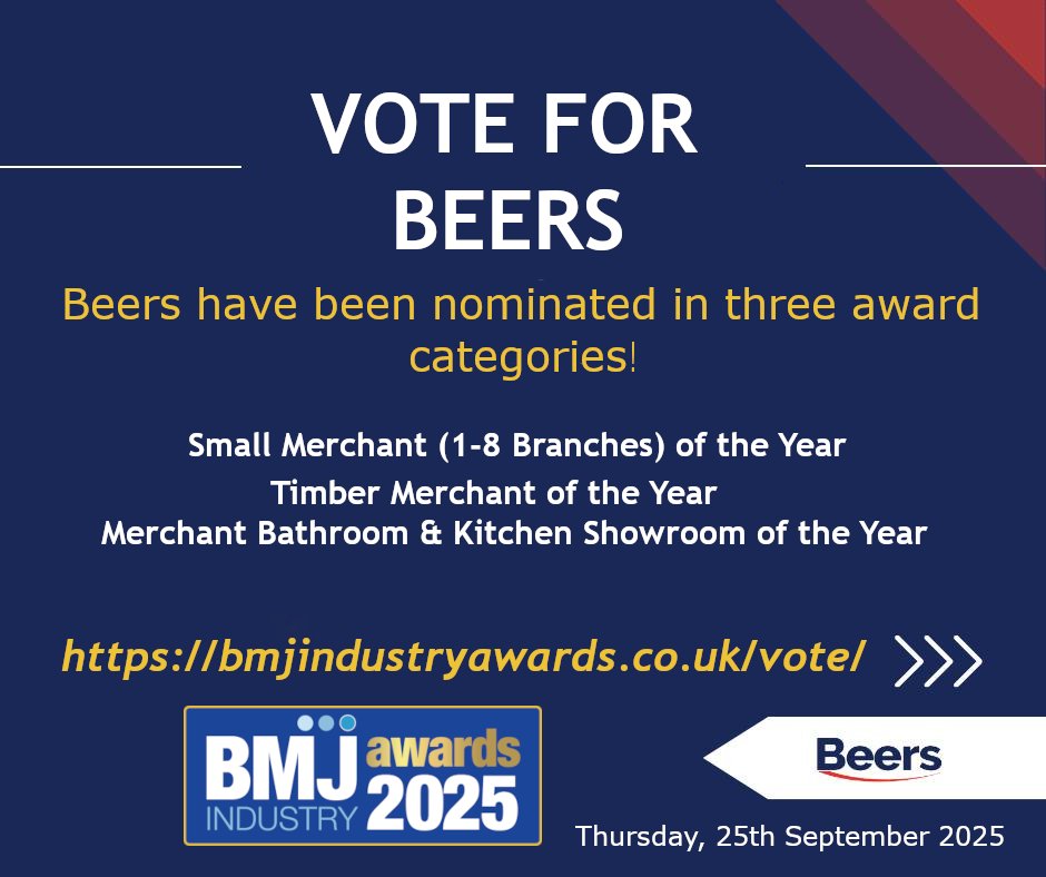 VOTE FOR US! - <a href="/BeersTimber/">Beers Timber & Building Supplies Ltd</a> have been nominated in three award categories at this years BMJ Industry Awards - Small Merchant, Timber Merchant &amp; Merchant Bathroom &amp; Kitchen Showroom of the Year.
Show your support and cast your vote here : bmjindustryawards.co.uk/vote/#bmjindus…
#bmjindustryawards