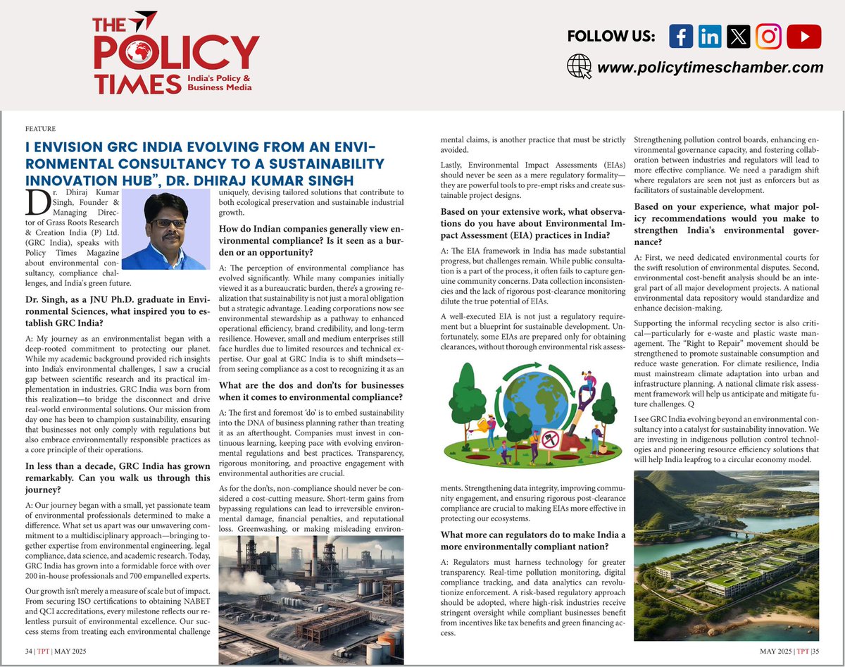 thepolicytimes's tweet image. From Consultancy to Innovation Hub&quot; — Dr Dhiraj Kr Singh, Founder &amp;amp; MD, GRC India

#Sustainability #InnovationHub #EnvironmentalConsulting #GreenBusiness