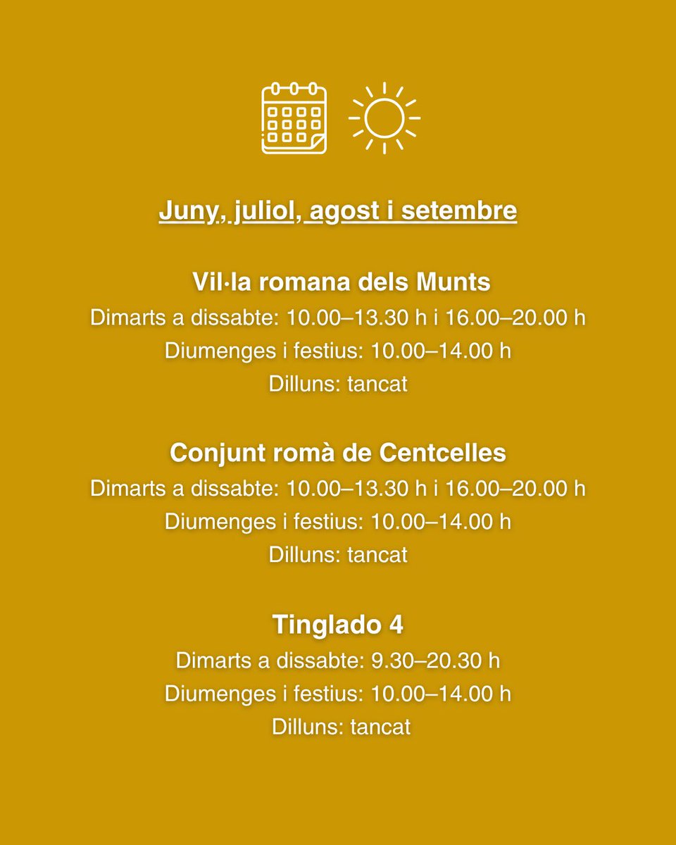 ☀️Aquest estiu, continua gaudint del patrimoni amb el MNAT🥰. Aquests són els horaris de cada espai👇