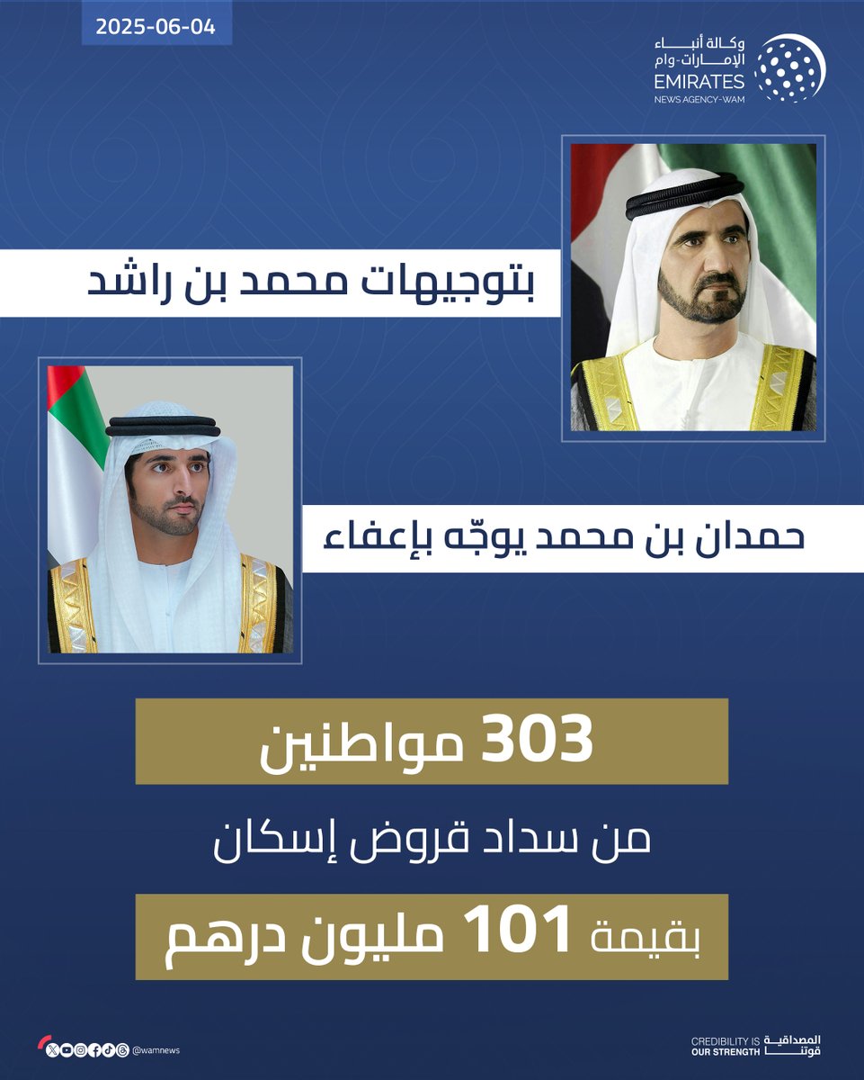 بتوجيهات #محمد_بن_راشد.. حمدان بن محمد يوجّه بإعفاء 303 مواطنين من سداد قروض إسكان بقيمة 101 مليون درهم بمناسبة عيد الأضحى المبارك

#وام