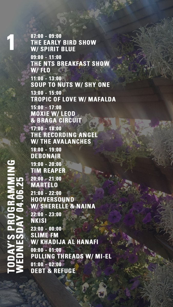 today on nts.live/1
<a href="/DJMoxie/">DJ Moxie</a> <a href="/TheAvalanches/">The Avalanches</a>
<a href="/RadioDEBONAIR/">DEBONAIR</a> <a href="/iammartelo/">MARTELO</a>
<a href="/hooversoundrecs/">HOOVERSOUND</a>