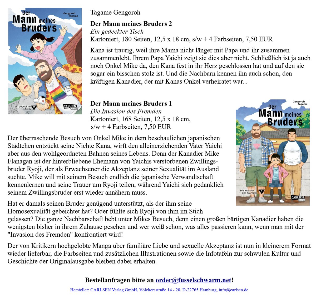 Fusselschwarm (@fusselschwarm) on Twitter photo Jetzt schon ein moderner Klassiker! Der erste All-Age-Manga von Bara-Mangaka <a href="/tagagen/">็ฐไบๆบไบ้ Gengoroh Tagame</a> DER MANN MEINES BRUDERS liegt jetzt wieder komplett auf Deutsch vor. Als gรผnstige Taschenbuchausgabe.๐๐ณ๏ธโ๐ Jetzt schon ein moderner Klassiker! Der erste All-Age-Manga von Bara-Mangaka <a href="/tagagen/">็ฐไบๆบไบ้ Gengoroh Tagame</a> DER MANN MEINES BRUDERS liegt jetzt wieder komplett auf Deutsch vor. Als gรผnstige Taschenbuchausgabe.๐๐ณ๏ธโ๐