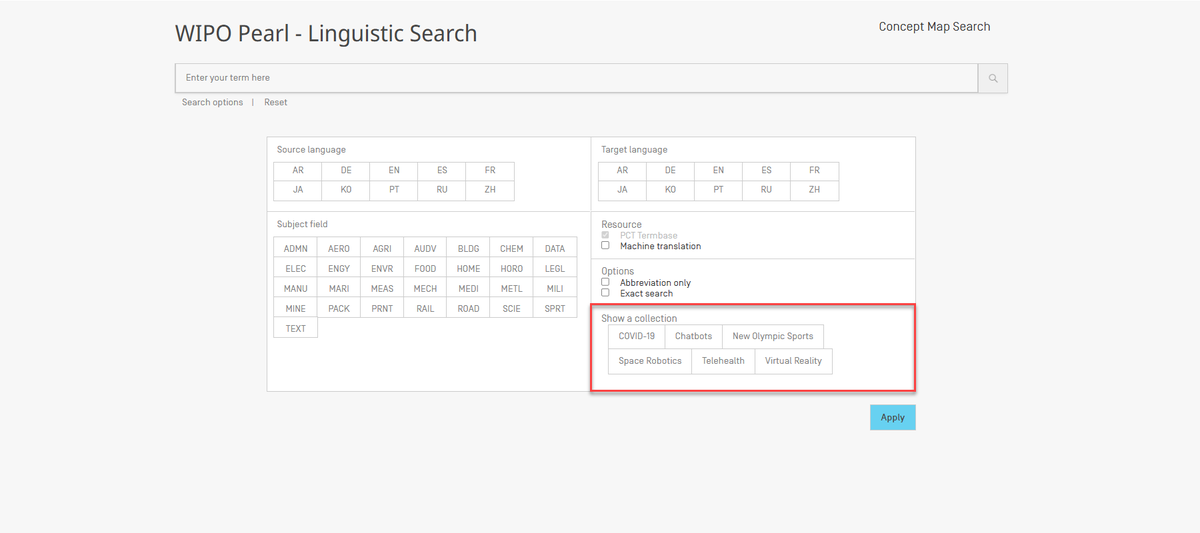 DYK?💡

It’s now possible to search for “collections” in #wipoPearl - i.e. sets of records on specific themes that span more than one subject field

Under “Search options”, simply select a collection, ”Apply”, then launch your search to access these terms as a set👍