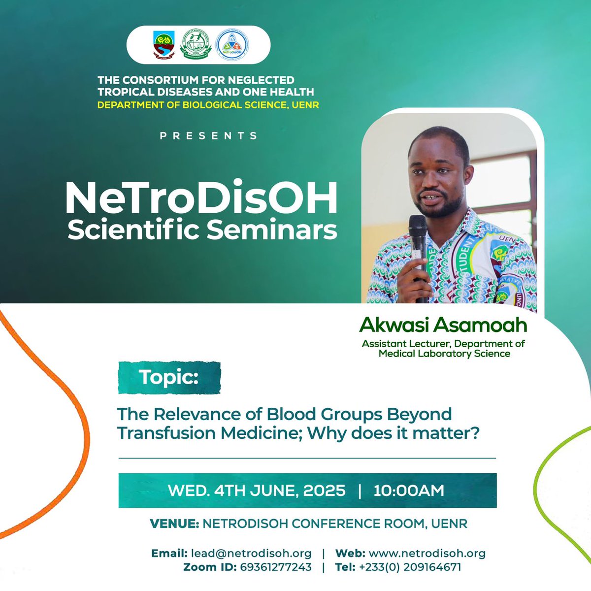 Consortium for NTDs & One Health(NeTroDisOH)-UENR (@netrodis) on Twitter photo You are invited to our forthnightly seminars. Today, Mr Akwasi Asamoah, as Assistant Lecturer <a href="/uenrofficial/">UENR</a>  will take us through ' the relevance of blood group beyond transfusion medicine'. The time is 10:30 GMT. Link wacren.zoom.us/j/69844849716?… You are invited to our forthnightly seminars. Today, Mr Akwasi Asamoah, as Assistant Lecturer <a href="/uenrofficial/">UENR</a>  will take us through ' the relevance of blood group beyond transfusion medicine'. The time is 10:30 GMT. Link wacren.zoom.us/j/69844849716?…