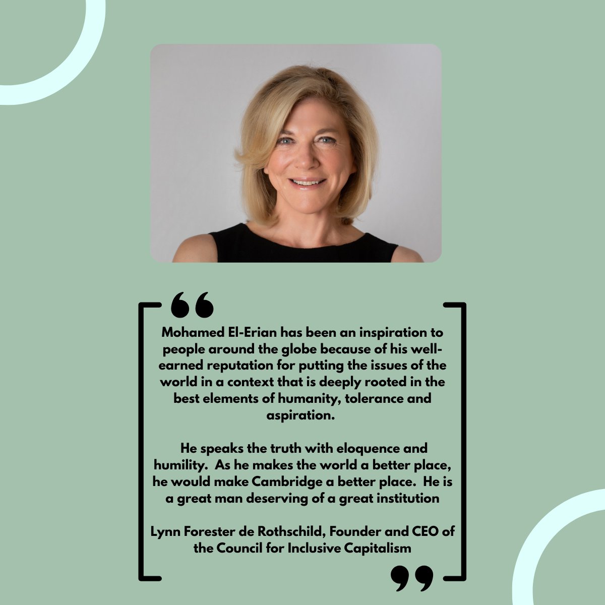 I am deeply grateful to Lynn Forester de Rothschild for her generous words and unwavering belief in principled leadership.
Lady de Rothschild's endorsement is especially meaningful, as we share a commitment to inclusive progress in education, economics, and society as a whole.
If