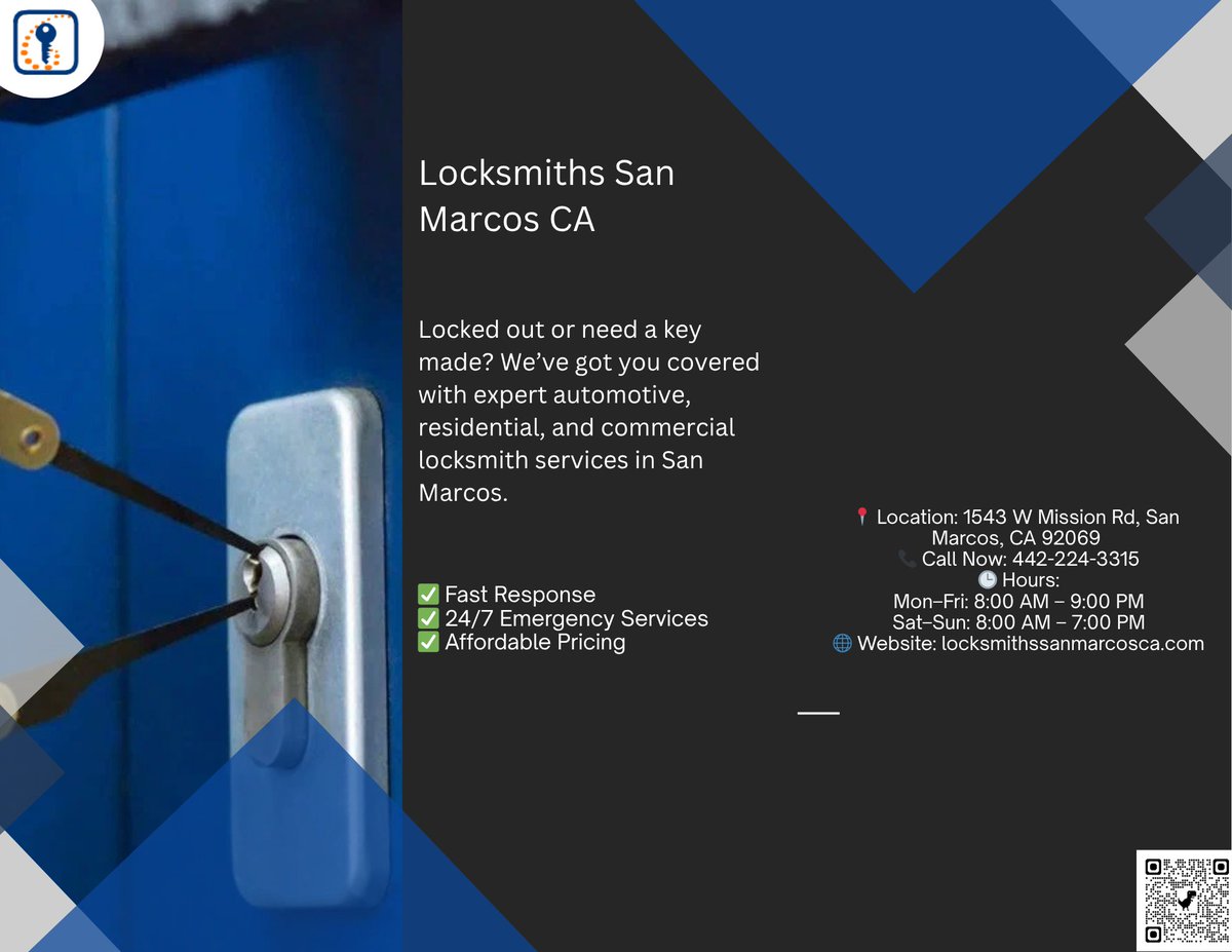 SanLocksmi20474's tweet photo. Locksmiths San Marcos CA – Fast, Affordable & 24/7
Call us on :442-224-3315
Our visit online:https://t.co/FBLei5cc5K
#CarKeyMaking
#HouseLockout
#BusinessLockout https://t.co/wnQFPEqW93