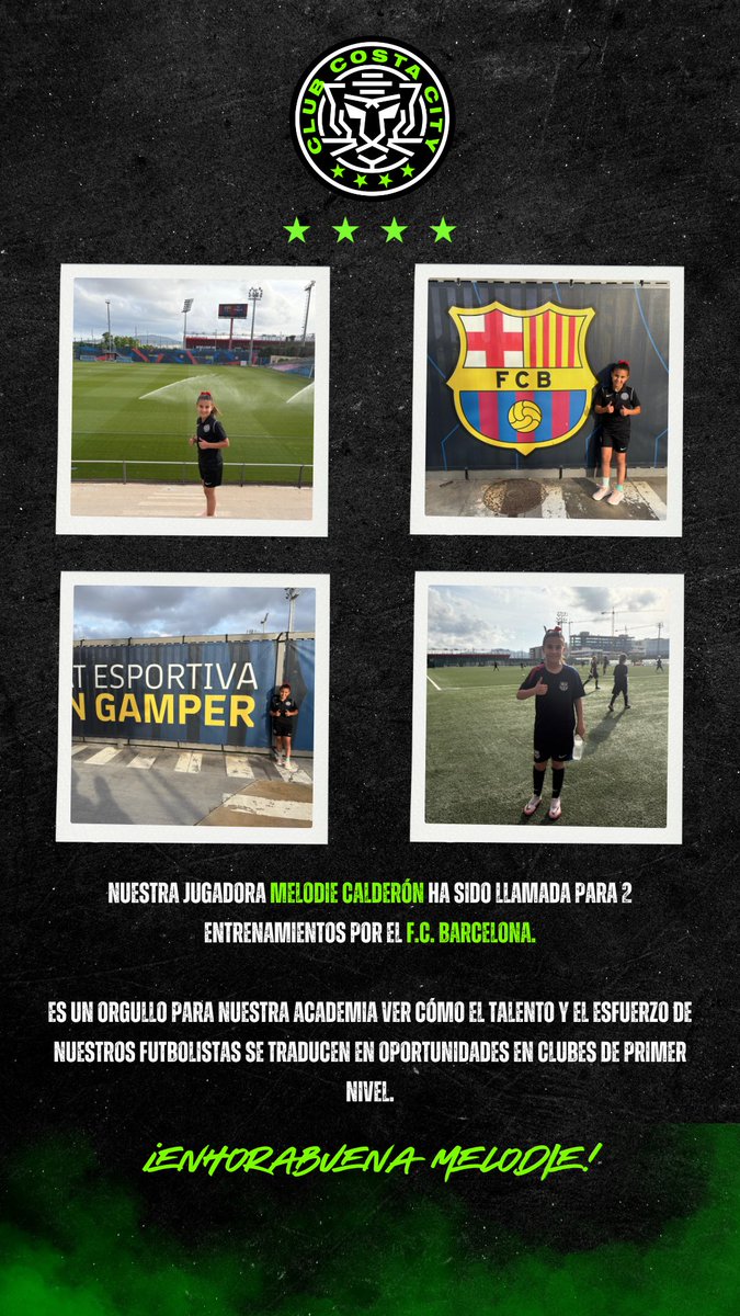 Nuestra jugadora Melodie Calderón ha sido llamada para 2 entrenamientos por el F.C. Barcelona.

Es un orgullo para nuestra academia ver cómo el talento y el esfuerzo de nuestros futbolistas se traducen en oportunidades en clubes de primer nivel.

¡Enhorabuena Melodie!

💚🖤