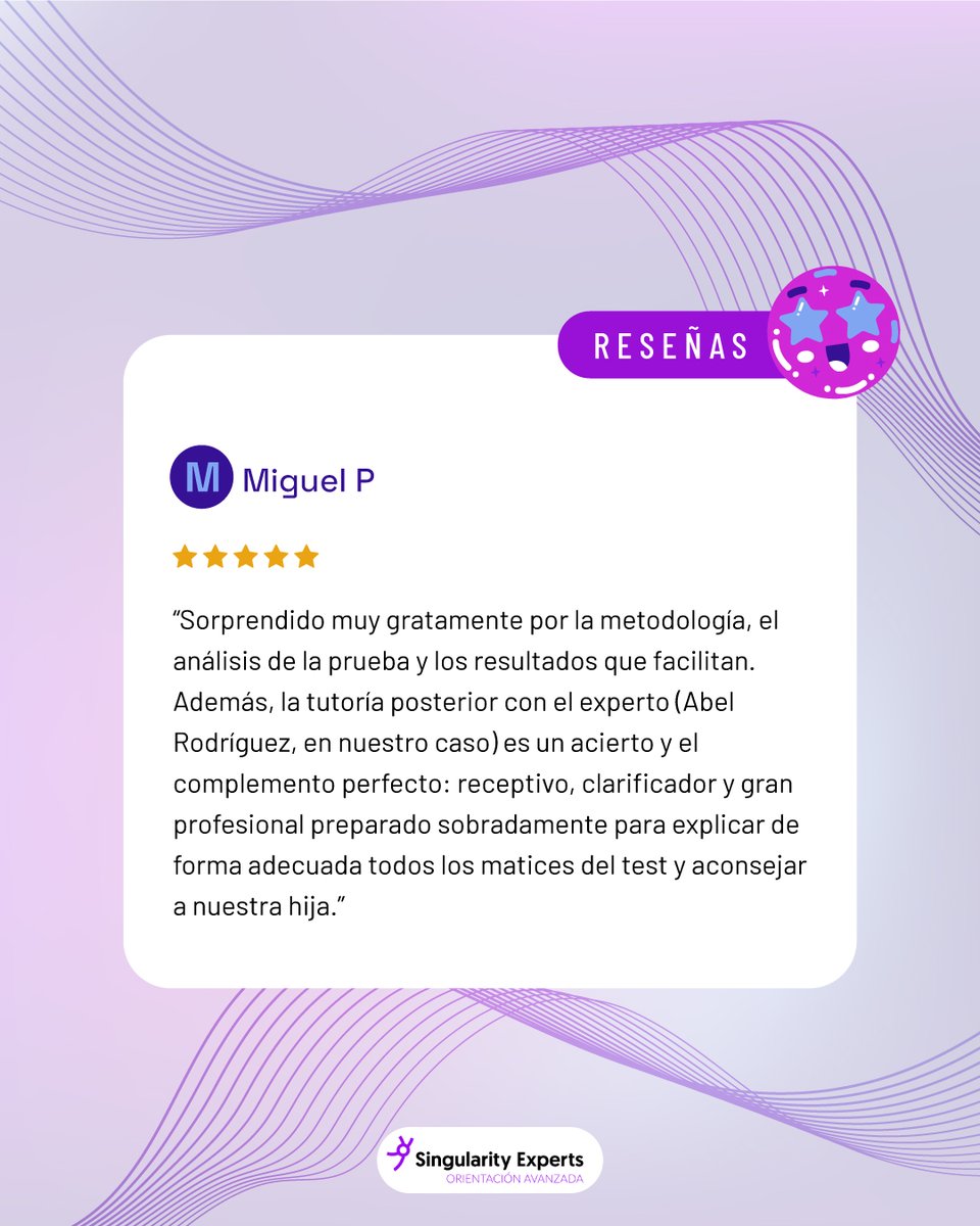 ¡Muchas gracias por compartir tu experiencia, Miguel! 🙌🏼

Nos alegra saber que la metodología y el análisis del test te sorprendieron positivamente, y que el acompañamiento de Abel fue tan útil para vuestra hija. ¡Seguimos a vuestro lado en este camino! 🫶