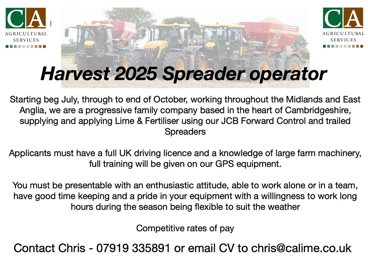 As we have successfully fulfilled the two full-time jobs. We are looking for one more trustworthy and reliable harvest spreader operator starting beginning of July to the end of october. Cheers.

#jobs #farming #Agriculture