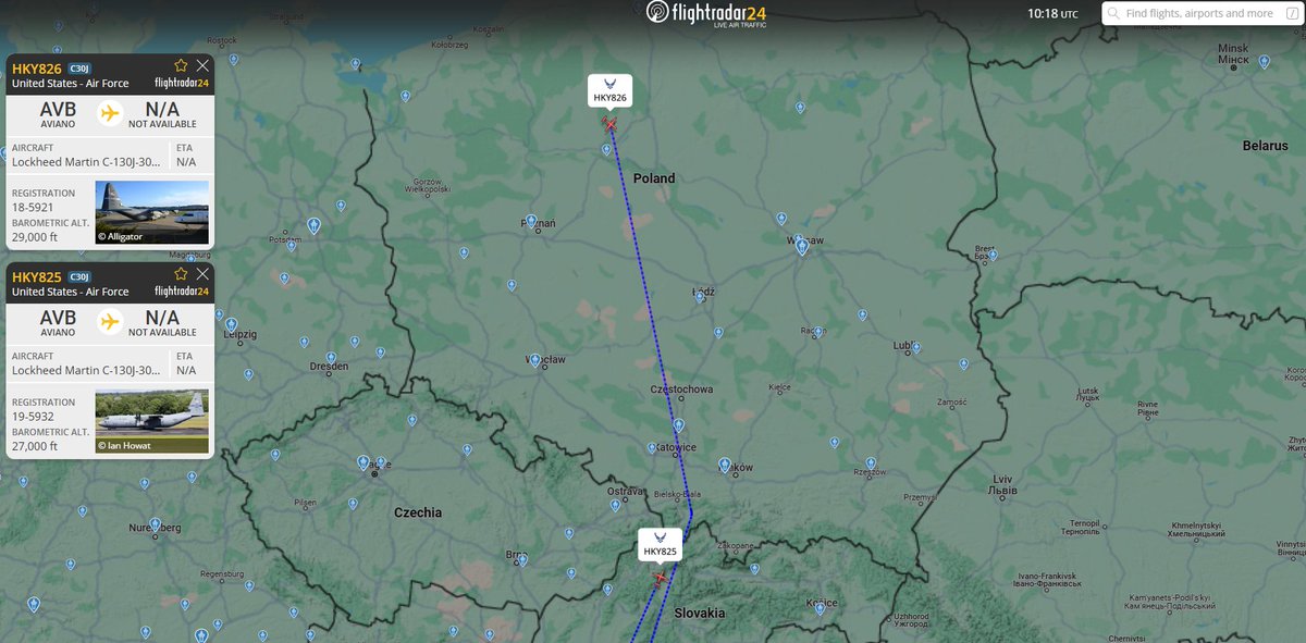 PolishMilRadar's tweet image. ⌚️04.06.2025  12:20LT

Dwa amerykańskie🇺🇸 Lockheed Martin C-130J-30 Hercules zmierzają z bazy lotniczej Aviano #LIPA do prawdopodbnie Lulea #ESPA 
🔗flightradar24.com/multiview/51.2…

#POLMILRADAR