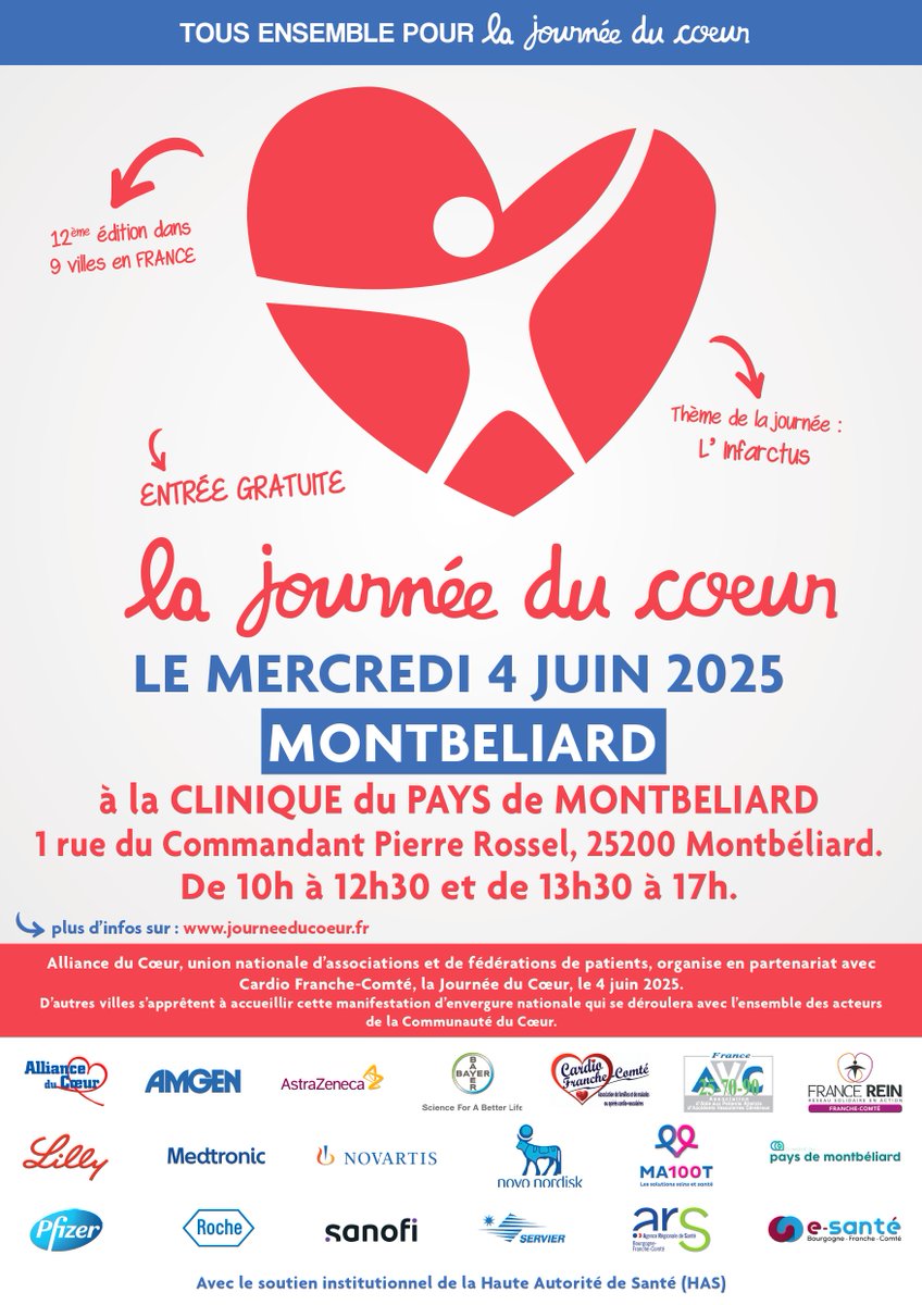 AllianceCoeur (@alliancecoeur) on Twitter photo La Journée du cœur fait escale aujourd'hui à #Montbeliard avec <a href="/Cardio_Comte/">Cardio Franche-Comté</a> !
👉 Rendez-vous pour une journée de sensibilisation autour d’un thème essentiel : l’infarctus.
#Santé #SantéCardio #FrancheComté La Journée du cœur fait escale aujourd'hui à #Montbeliard avec <a href="/Cardio_Comte/">Cardio Franche-Comté</a> !
👉 Rendez-vous pour une journée de sensibilisation autour d’un thème essentiel : l’infarctus.
#Santé #SantéCardio #FrancheComté