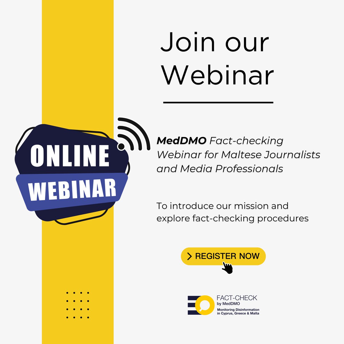 📢 Join the Mediterranean Digital Media Observatory (MedDMO) and the Broadcasting Authority of Malta for a webinar on June 17, 2025, from 13:00–14:00 (Malta Time). Explore the challenges of misinformation, media literacy, and fact-checking in Malta with insights from local
