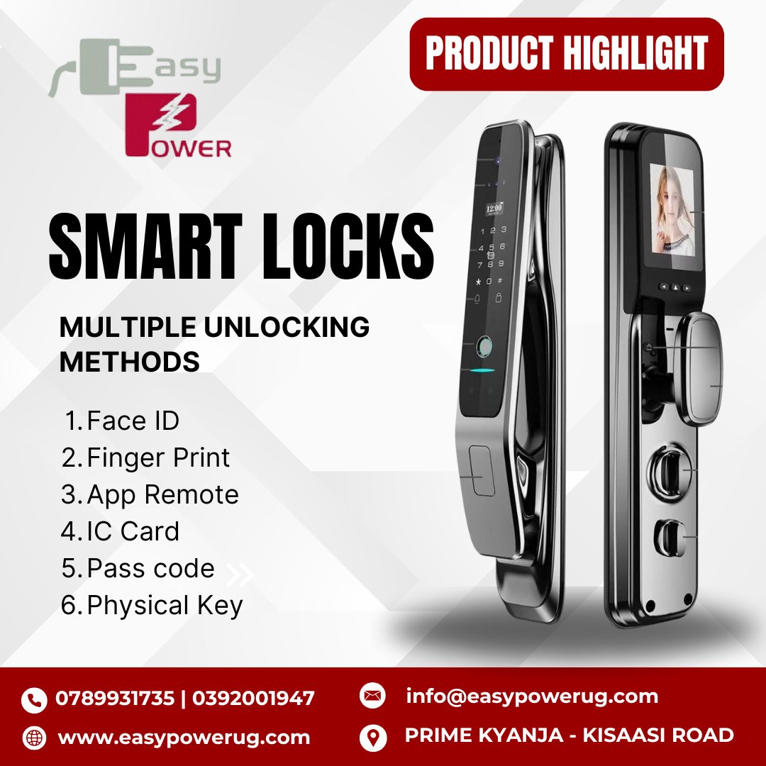 EasyPowerCoLtd's tweet image. Why settle for one key when you can have six ways to unlock?
Powered by Easy Power, bringing you cutting-edge security with sustainable energy. 🌞⚡ 
DM us , call us or visit easypowerug.com/smart-door-loc…  for more information.

#KeylessEntry #SmartSecurity #SolarTech
