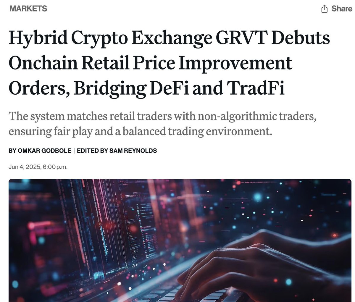 grvt_io's tweet image. Here comes our ground-breaking move as featured by @CoinDesk: Introducing Retail Price Improvement (RPI) Orders, the first decentralized exchange to bring this long-standing traditional finance feature onchain. RPI has been a core part of equities trading since the early 2000s,