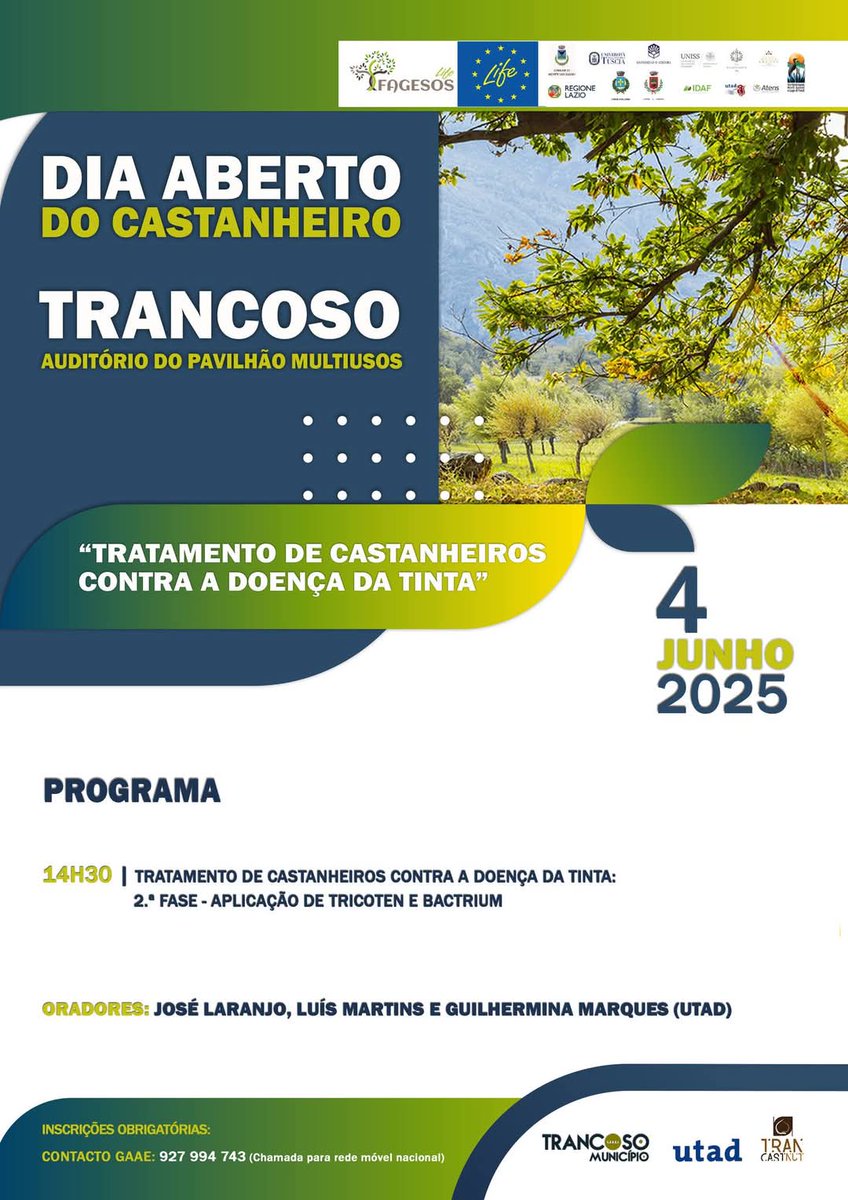 🌰 Join us on June 4, 2025 in Trancoso for the Chestnut Tree Open Day! 📍 Topic: Treatment of chestnut trees against ink disease (P. cinnamomi)
🕒 14:30 – Application of Tricoten &amp; Bactrium
🎙️ José Laranjo, Luís Martins &amp; Guilhermina Marques (UTAD) 📞 Registration: +351927994743