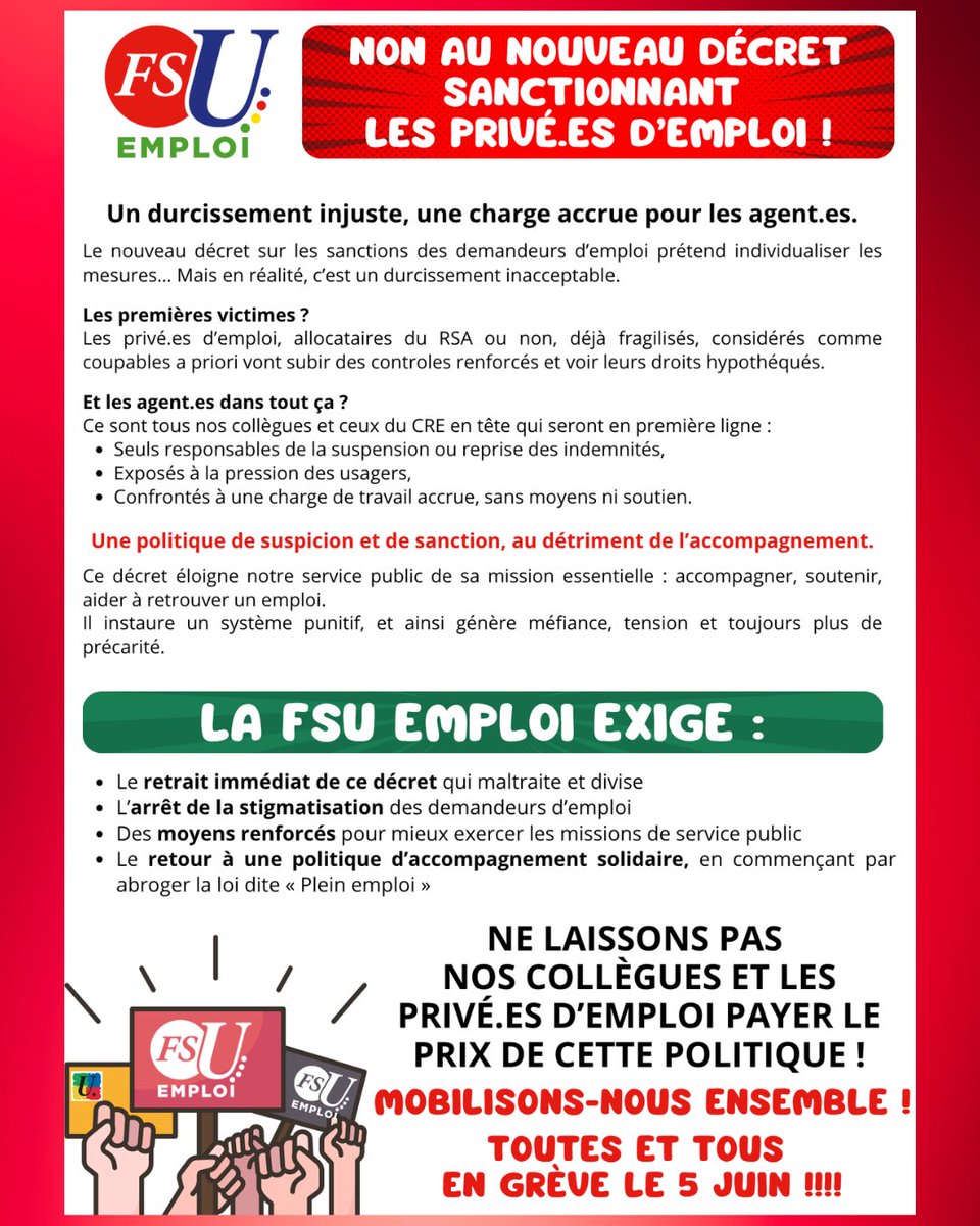 Non au décret sanctionnant les privé-es d’emploi 
Appel à la grève à #francetravail le #5juin 
#poleemploi 
#chomage #rsa #servicespublics