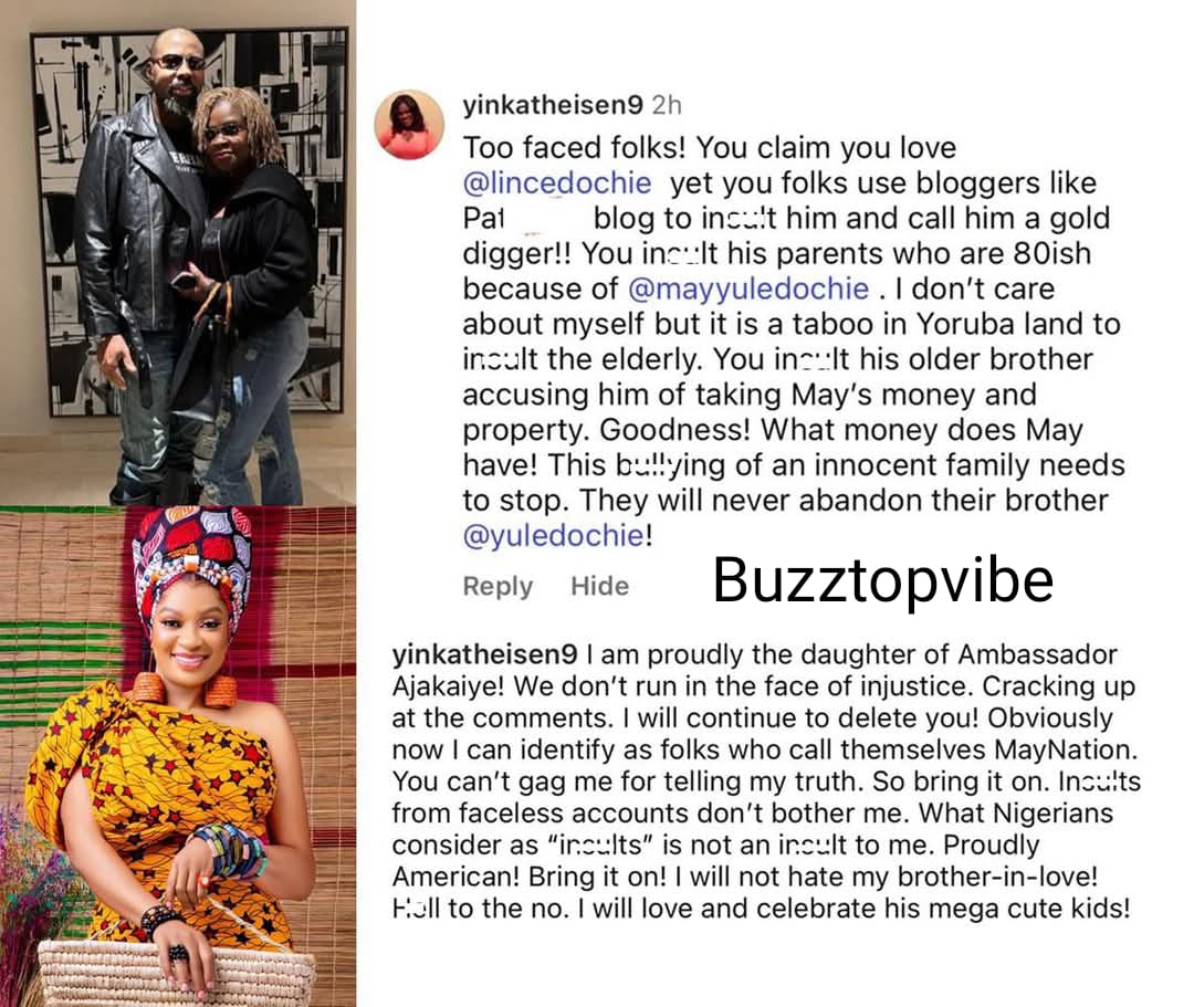 Buzztop_ng's tweet photo. "I will not hate my brother-in-love. What money does May have?" – Linc Edochie’s new wife says as she accuses May’s fans of ins¥lting her for commenting on Yul Edochie’s post.#yulfamily #CelebrityBuzz #buzztopvibe #Buzztop https://t.co/BhfPis7bxA