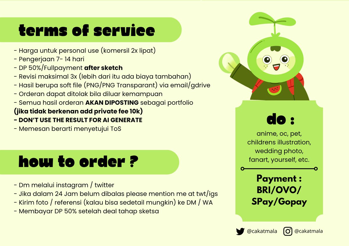 🍏 OPEN COMMISSION 🍏

Haloo, aku open jasa ilustrasi dengan fokus style lineless art yg super lucuuk! Tanya tanya dlu boleh bgt yaw!

More info : cakatmala.carrd.co

[likes and rt are very appreciated]
#jasailustrasi #opencommissions #opencommission