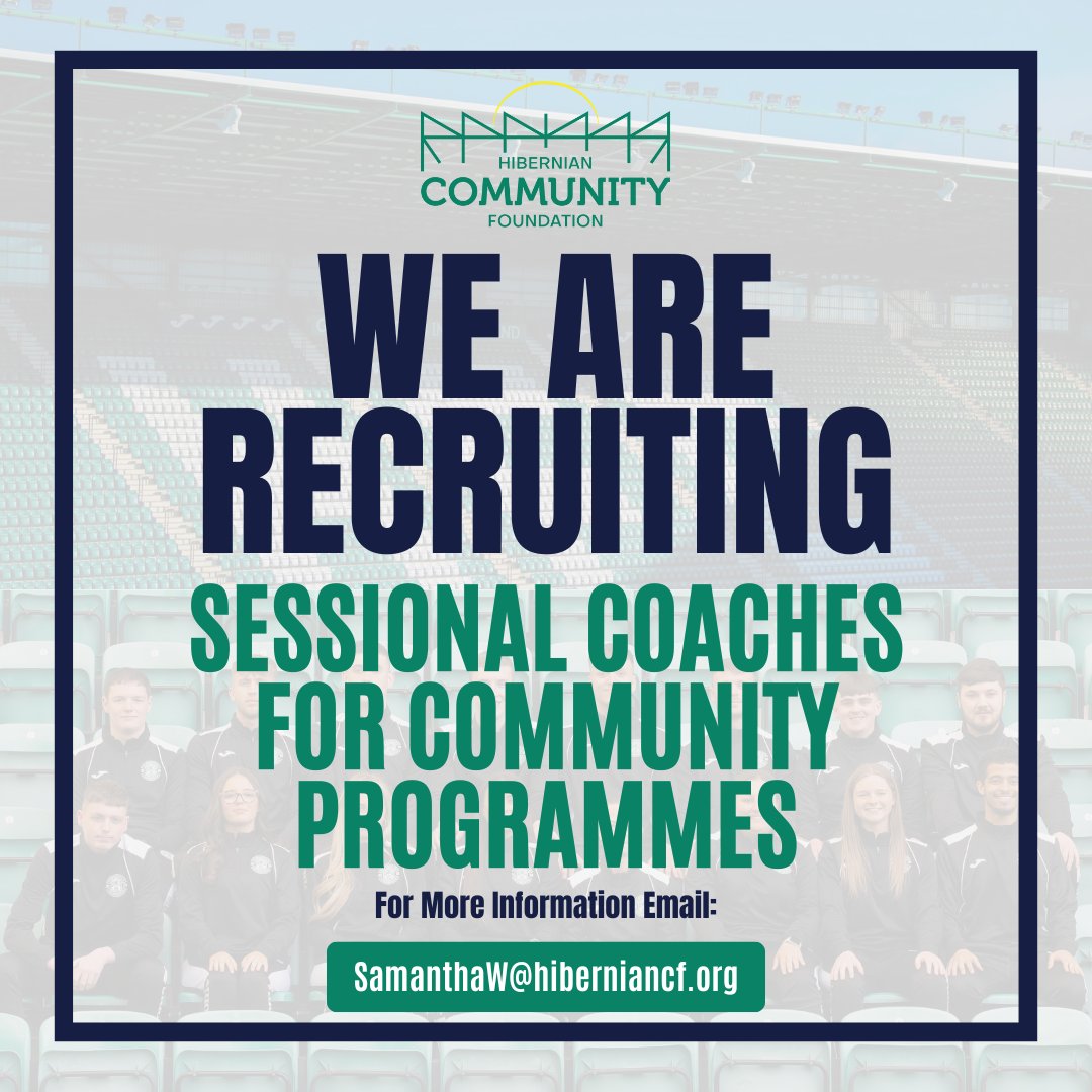 Hibernian Community Foundation (@hibsincommunity) on Twitter photo 🚨We are recruiting!🚨
We are looking for seasonal coaches to join our community coaching team. This is a paid position – a great opportunity for those passionate about football and making a difference in the community.
If interested, please contact Samanthaw@hiberniancf.org 🚨We are recruiting!🚨
We are looking for seasonal coaches to join our community coaching team. This is a paid position – a great opportunity for those passionate about football and making a difference in the community.
If interested, please contact Samanthaw@hiberniancf.org