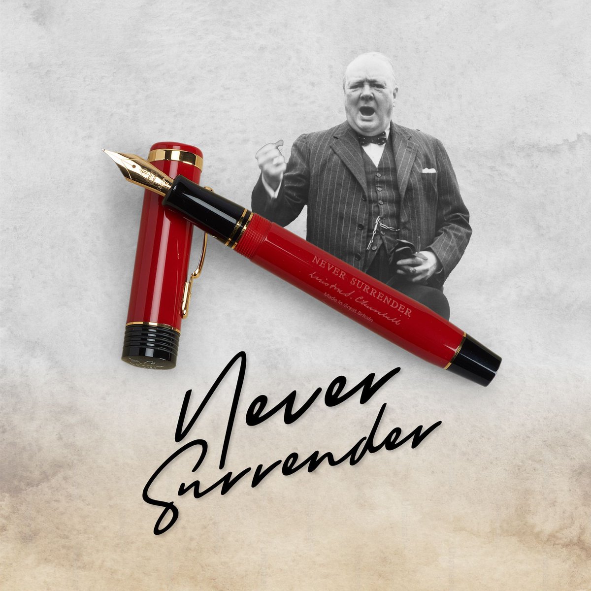 Conway__Stewart's tweet image. June 1940: France fell, Nazi planes outnumbered RAF. Fear gripped Britain. Churchill’s “We shall never surrender” rallied a nation, steeled for battle. In 2025, his unity call echoes. Conway Stewart’s pen holds his fire.