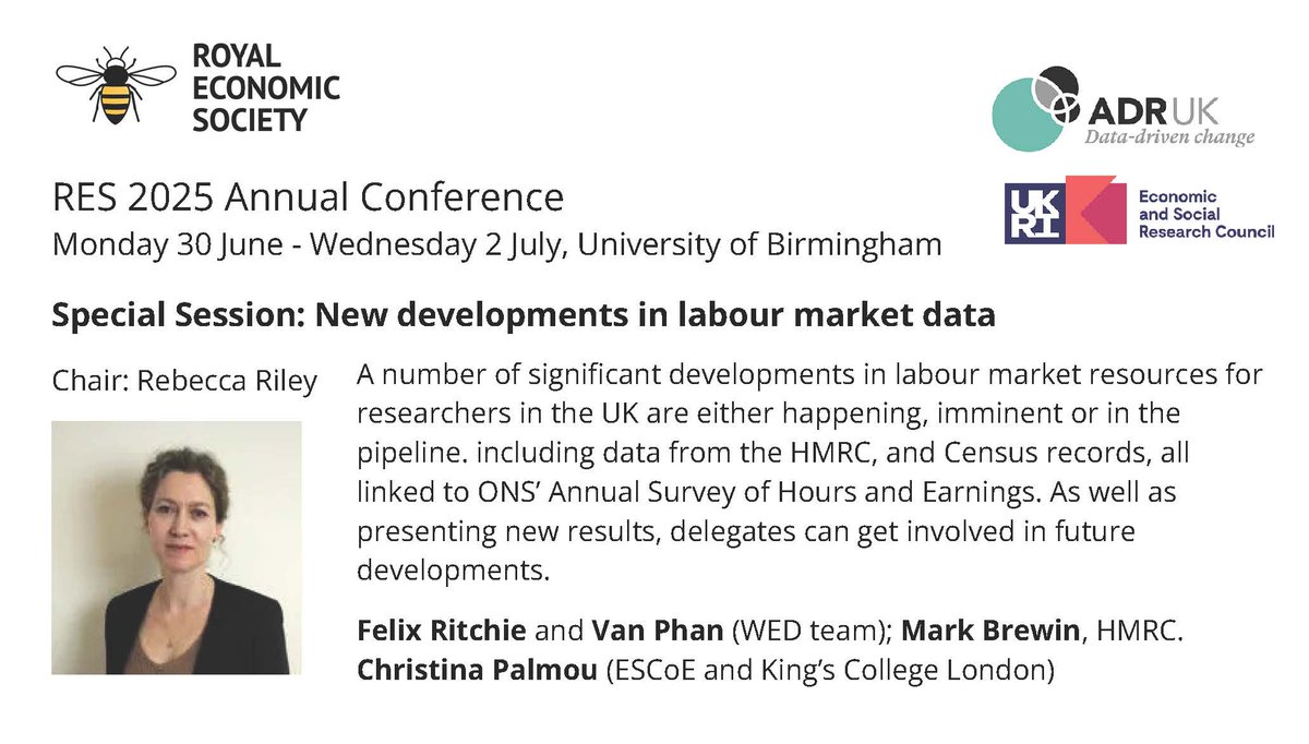 RoyalEconSoc's tweet image. 🎥 Can’t make it to Birmingham for #RES2025 Conference? Join us virtually!

💻 Access 8+ live-streamed sessions + recordings from top economists incl. Bonhomme, Iriberri, Greenstone &amp;amp; more.
🎟️ £100 / £50 (students)
🔗 Book: bit.ly/47D8h4y

#EconTwitter #RESConference