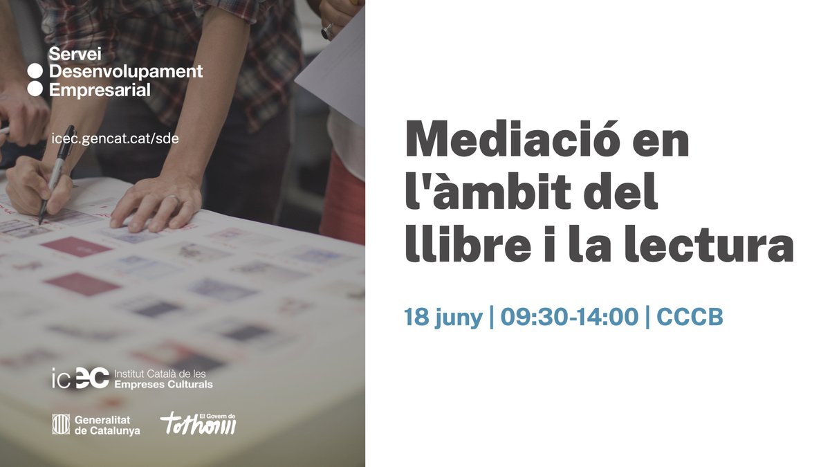 📖 Agafa l’agenda! El proper 18 de juny, et convidem a la jornada ‘Mediació en l’àmbit del llibre i la lectura’. 

🕥 De 9:30 h a 14:00 h  
📍 <a href="/cececebe/">CCCB</a>
Organitza: <a href="/sdeicec/">sdeicec</a>
 
 🔎 Consulta'n el programa i els ponents.
sde.cultura.gencat.cat/els-cursos/med…