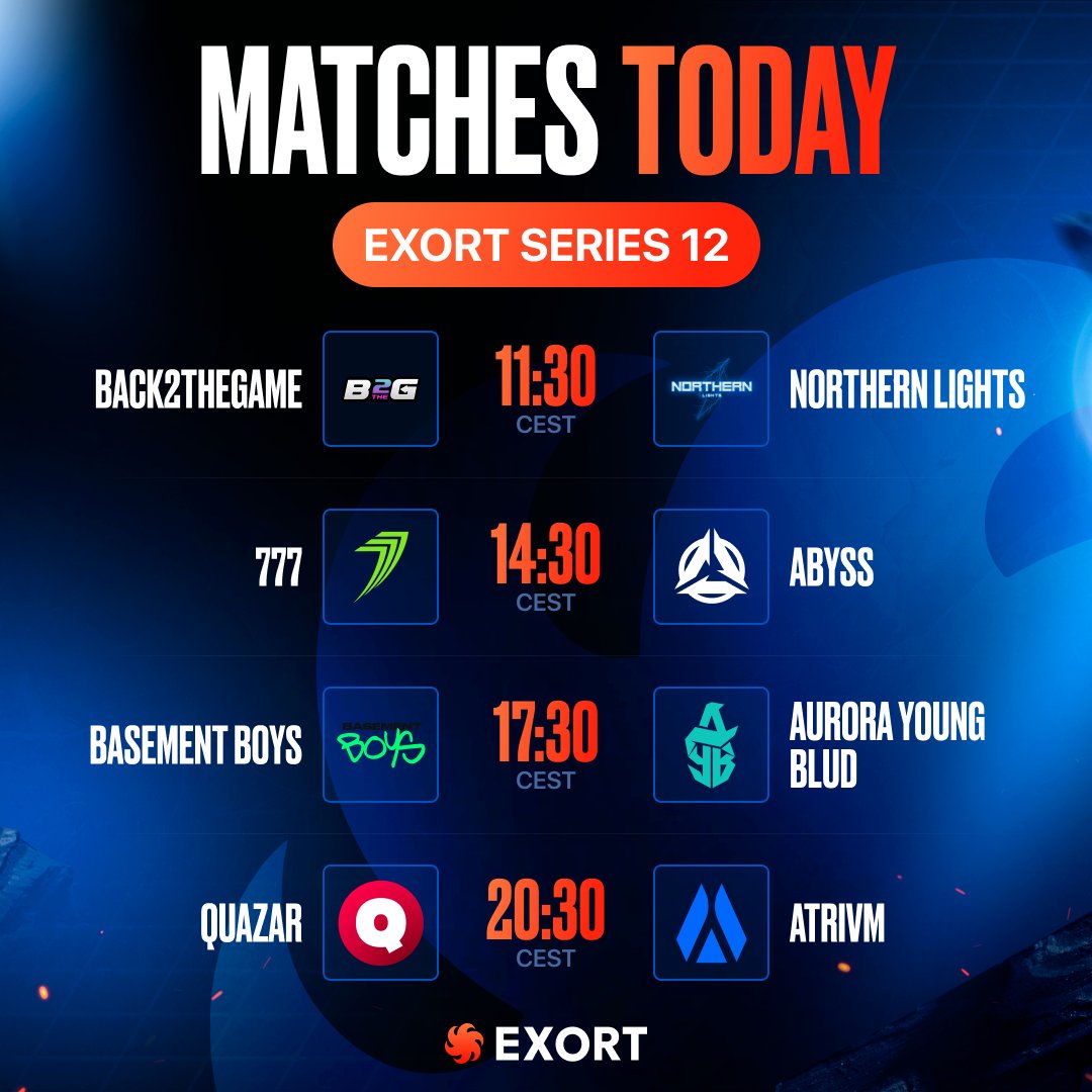 Match schedule for today 🔥

👀 See you on Twitch at 11:30 CEST:
twitch.tv/exort_en