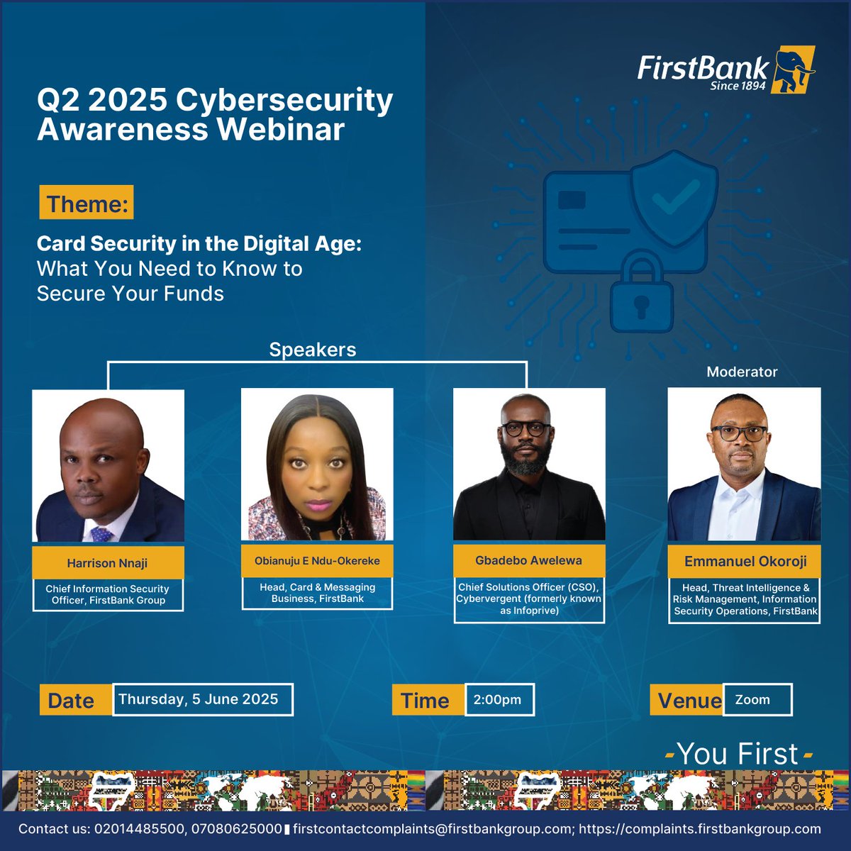 cybervergent's tweet image. Join Gbolabo at the Q2 2025 Cybersecurity Awareness Webinar where he&apos;ll be sharing how Card Security remains a critical priority in today’s digital economy.

Date: 5th June, 2025
Time: 2:00 PM
Venue: Zoom

Register now: firstbanknigeria.zoom.us/webinar/regist…