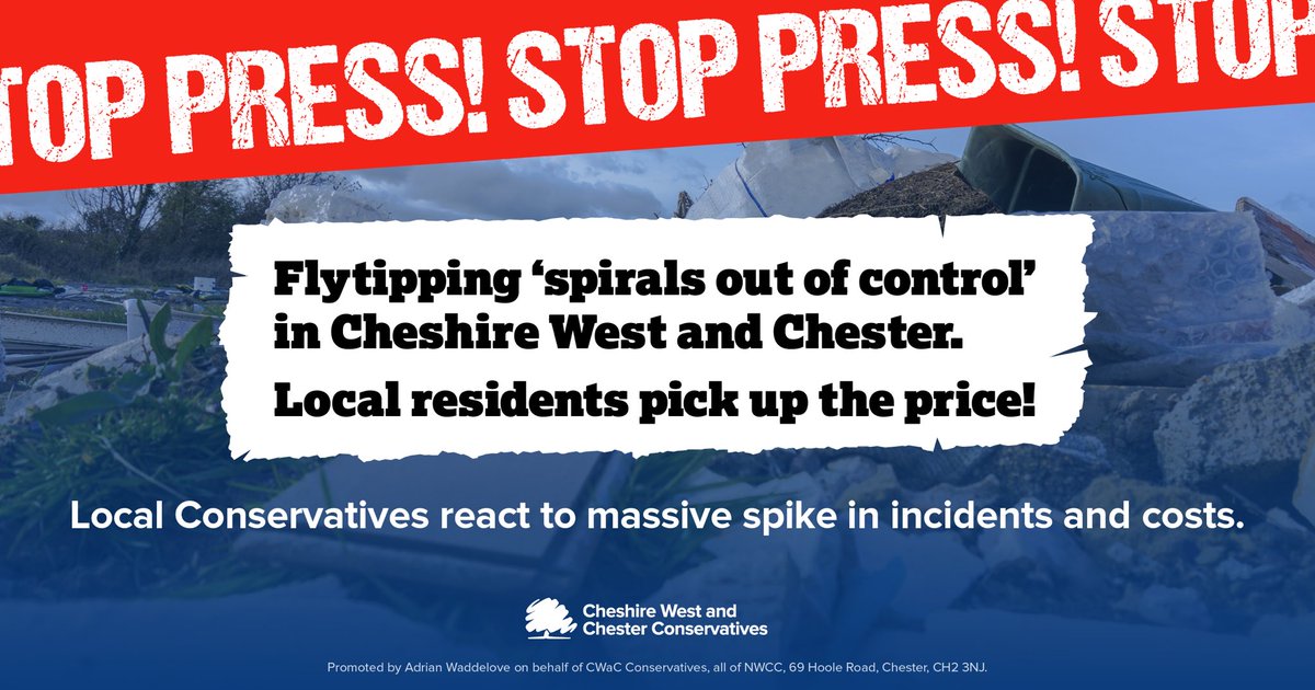 CWaC Conservative Councillors (@cwactory) on Twitter photo 🆕We are very concerned about the continued rise in #flytipping across #Cheshire West & #Chester, revealed again in the latest statistics from the council. Rather than <a href="/cwaclabour/">Cheshire West Labour</a>’s complacent view, we need a plan of action to tackle this worrying trend.
cheshirewestconservatives.org.uk/news/flytippin… 🆕We are very concerned about the continued rise in #flytipping across #Cheshire West & #Chester, revealed again in the latest statistics from the council. Rather than <a href="/cwaclabour/">Cheshire West Labour</a>’s complacent view, we need a plan of action to tackle this worrying trend.
cheshirewestconservatives.org.uk/news/flytippin…