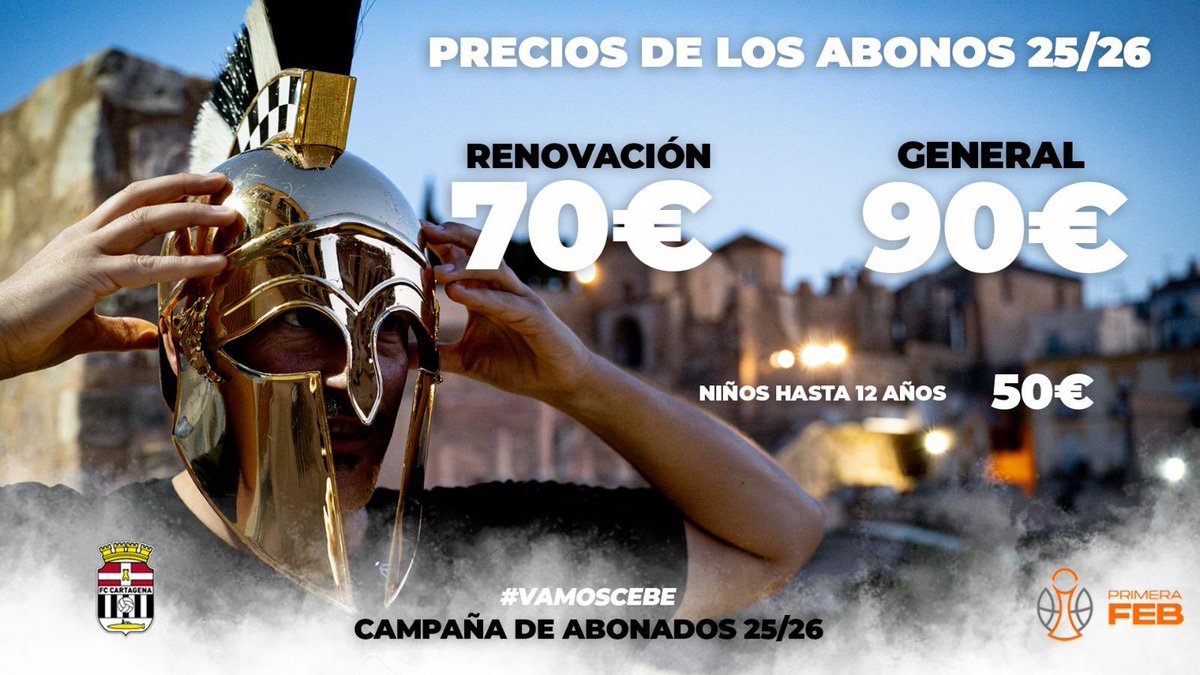 🏳️CAMPAÑA ABONADOS 25/26 🏴

✔️ 70 € / RENOVACIÓN SOCIOS 
✔️ 90 € / ABONO GENERAL 
👦🏼 50€ / NIÑOS  ( 5 a 12 años ) 

ℹ️ RESERVA ASIENTOS SOCIOS 

🗓️ Hasta 15 JULIO 

🖥️ VENTA ONLINE 👇🏼
fccartagenacb.compralaentrada.com

#VamosCebé 🤍🖤
