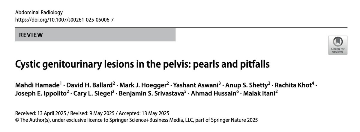 Malak Itani (@itanimalak) on Twitter photo Struggling with cystic pelvic lesions?
Check out our newly published article in <a href="/Abdominal_Rad/">Abdominal Radiology</a> "Cystic genitourinary lesions in the pelvis: pearls and pitfalls"
full text link ➡️ rdcu.be/eplnj
Published June 3, 2025
#Radiology #GUimaging #PelvicMRI #abdrad #meded Struggling with cystic pelvic lesions?
Check out our newly published article in <a href="/Abdominal_Rad/">Abdominal Radiology</a> "Cystic genitourinary lesions in the pelvis: pearls and pitfalls"
full text link ➡️ rdcu.be/eplnj
Published June 3, 2025
#Radiology #GUimaging #PelvicMRI #abdrad #meded