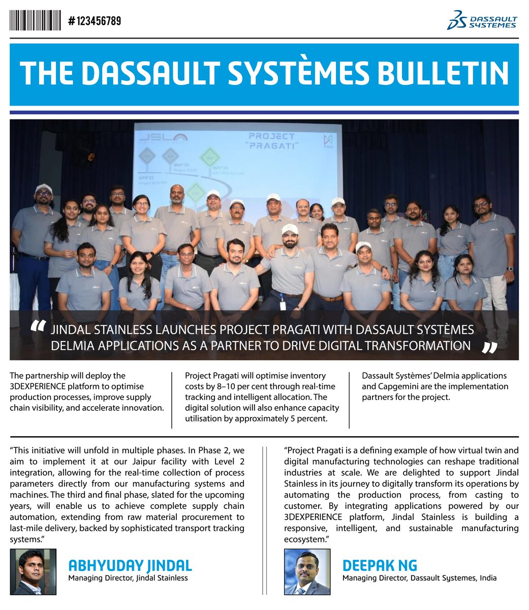 Project Pragati by Jindal Stainless sets a new benchmark in India’s steel industry.

Powered by Dassault Systèmes’ DELMIA Quintiq platform + SAP, it delivers agility, efficiency &amp; real-time decision-making.

Learn more about this project: go.3ds.com/GALR