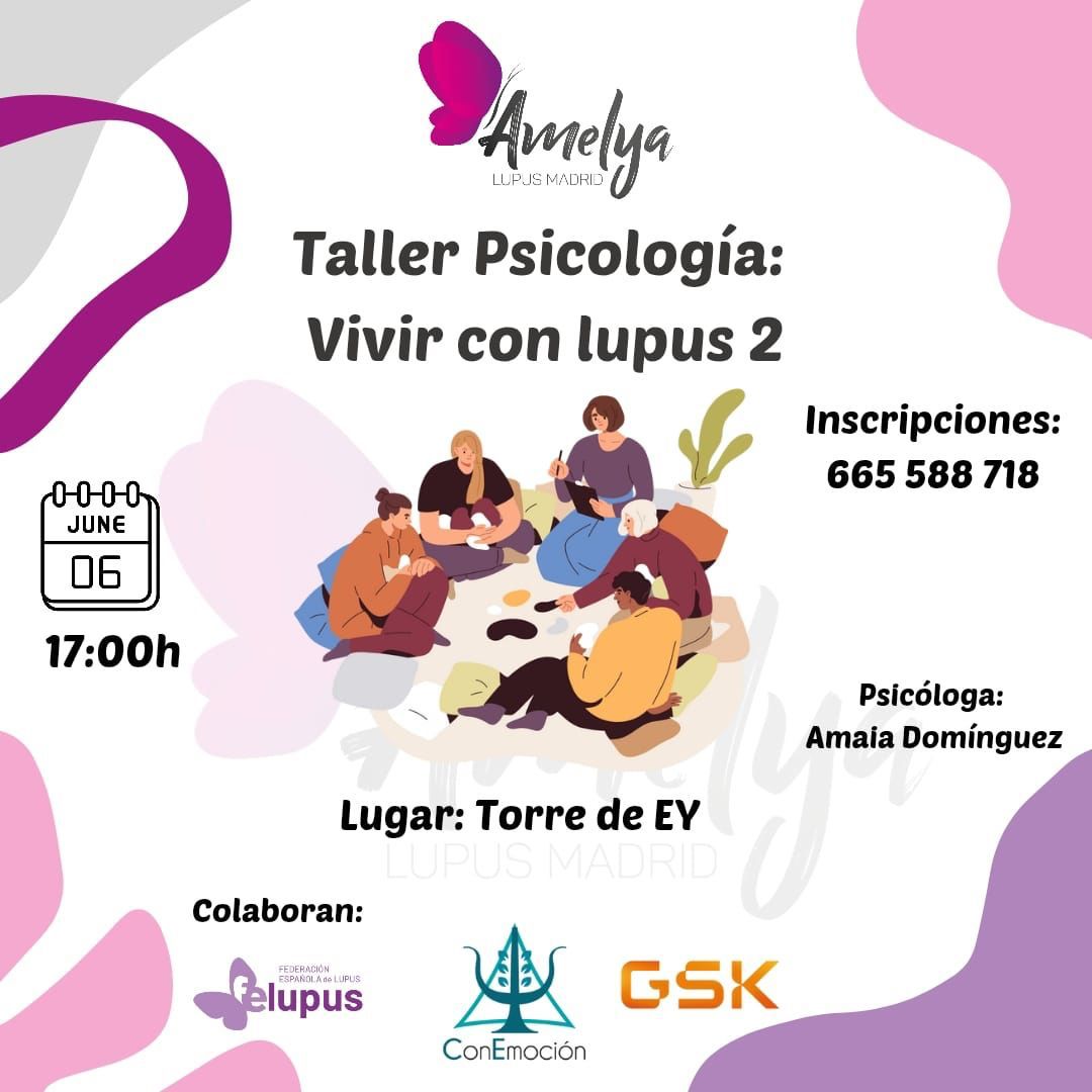 Asociación de #Lupus de Madrid (@lupusmadrid) on Twitter photo 🫰Segunda parte del taller de psicología que este viernes 6 de junio seguiremos trabajando algunos temas relacionados con la vida con lupus.
👩👩👧👧 Familia y amigos son bienvenidos!
Fecha: 6 de junio
🕢 17:00h
📍 Oficinas de EY C/ Raimundo Fernández Villaverde 65
<a href="/Felupus/">Federación Española Lupus | #LUPUSESPAÑA</a>
<a href="/GSK/">GSK</a> 🫰Segunda parte del taller de psicología que este viernes 6 de junio seguiremos trabajando algunos temas relacionados con la vida con lupus.
👩👩👧👧 Familia y amigos son bienvenidos!
Fecha: 6 de junio
🕢 17:00h
📍 Oficinas de EY C/ Raimundo Fernández Villaverde 65
<a href="/Felupus/">Federación Española Lupus | #LUPUSESPAÑA</a>
<a href="/GSK/">GSK</a>