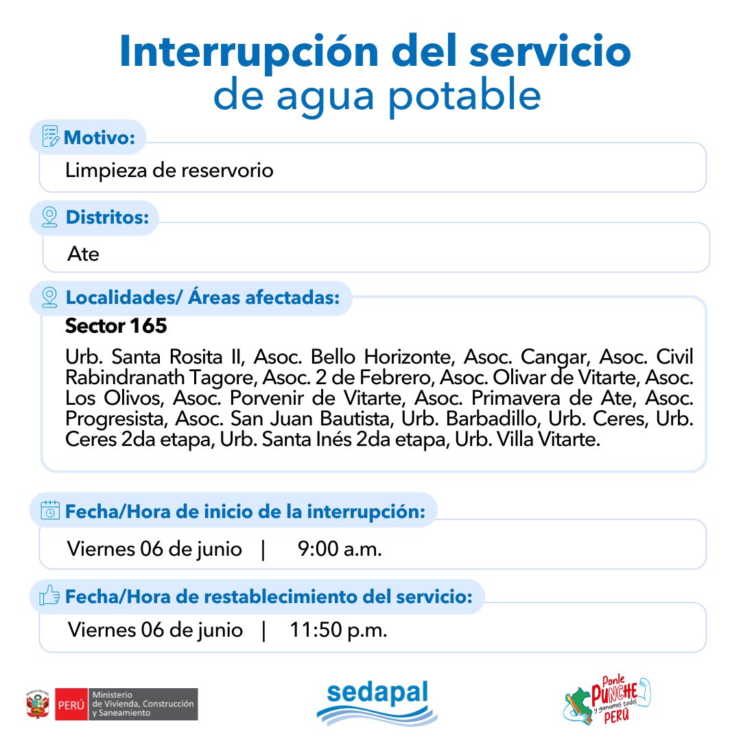 📝 Atención vecinos de #Ate, con el fin de mejorar la calidad del servicio, #Sedapal tiene trabajos programados para el 06 de junio por lo que se interrumpirá parcialmente el servicio de agua en algunos sectores. Más detalles aquí 👇#InterrupciónDelServicio