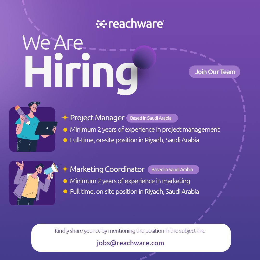 reachware_com's tweet image. We’re expanding our team in Riyadh!
Reachware is on the hunt for ambitious minds in marketing &amp; project management.
Send your CV to jobs@reachware.com and mention the position in the subject line 📧